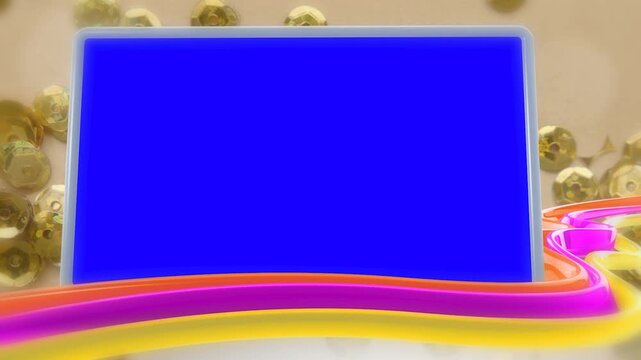 3D Multi Colored Swirling Ribbon Loop with Blank Blue Screen Board and Scattered Gold Sequins over Beige Matte Paper Backdrop