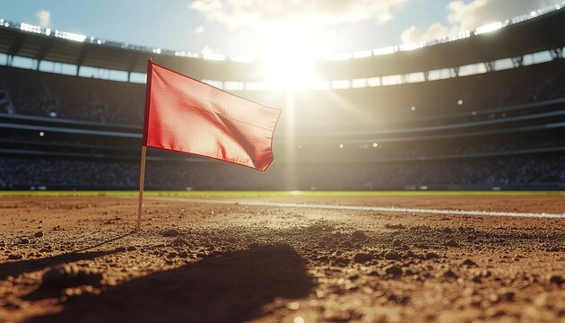 Red flag on baseball field at sunrise.