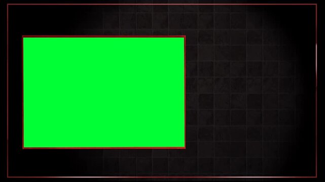 3D Cinematic Slideshow Graphic with Green Screen Box Placeholder and Red Borders over Dark Grid Tile Wall Background