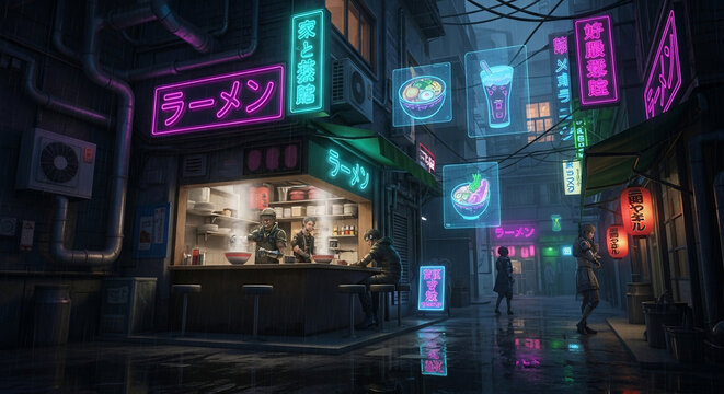 Neon-lit cyberpunk city street at night featuring a bustling ramen shop, holographic food menus, and reflections on wet pavement
