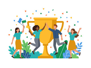Fototapeta premium A diverse group of people celebrating a victory with a large golden trophy and confetti.