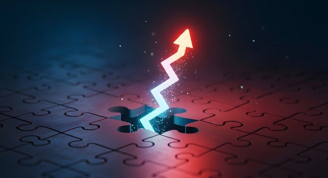 Business growth and strategic success concept. Problem solving and achievement in corporate environments. Glowing arrow moving upwards out of a missing puzzle piece hole