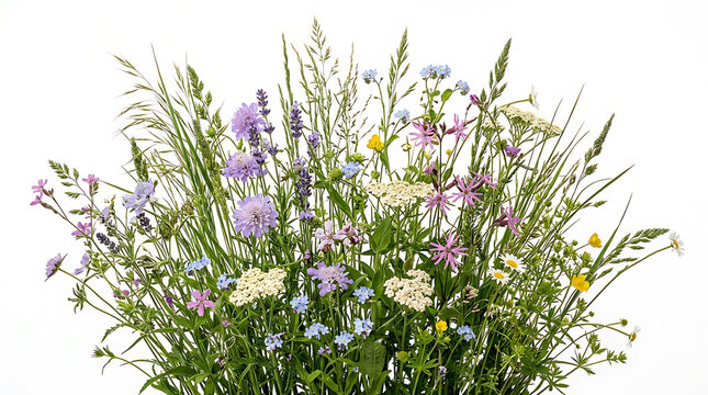 Diverse bouquet of wildflowers and grasses on white background