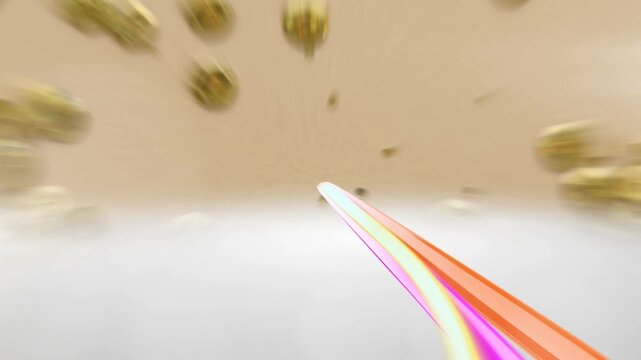 3D Curved Ribbon Abstract Motion with Blue Screen Media Frame and Gold Metallic Sequins on Beige Craft Paper Texture