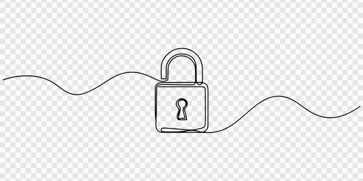 Continuous line drawing padlock, minimalist security icon, one line art lock, simple vector graphic, Open padlock one line drawing, Continuous one line drawing of padlock single line of lock padlock.