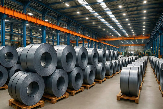 Large rolls of steel sheet coils stored in a heavy industry manufacturing factory warehouse.