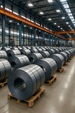 Large rolls of steel sheet coils stored in a heavy industry manufacturing factory warehouse.