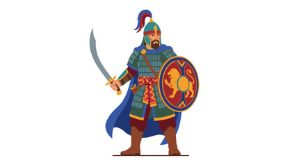 Fototapeta premium A warrior in historical armor holds a sword and shield, ready for battle.