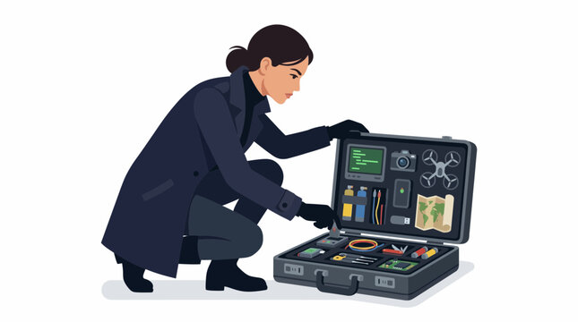 A woman in a trench coat inspects a briefcase filled with surveillance and espionage equipment, including a drone and map.