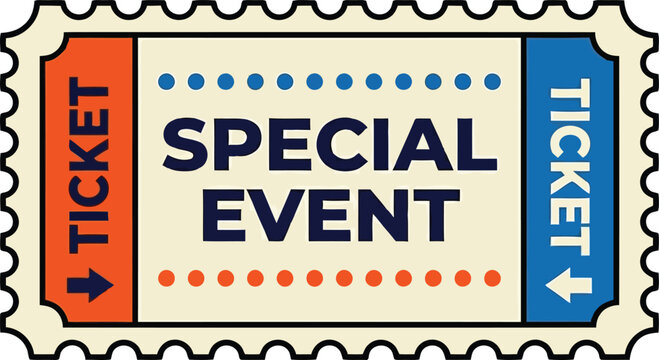 Retro Special Event Ticket Template with Vintage Orange and Blue Design and Decorative Border
