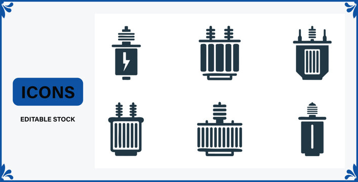 Set of six dark blue vector icons representing different types of electrical transformers and power devices against a white background