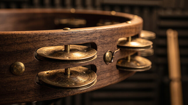 Hyperrealistic macro close-up of a handcrafted wooden tambourine featuring polished brass jingles, rich wood grain, and warm ambient lighting. Captured with shallow depth of field to emphasize texture