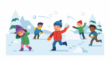 Fototapeta premium Children joyfully engage in a lively snowball fight amidst a snowy winter landscape with snow-covered trees.