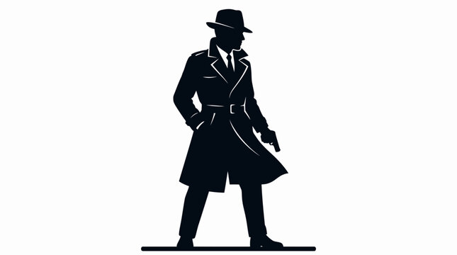 Silhouette of a detective in a trench coat and fedora, holding a handgun and looking to the side.