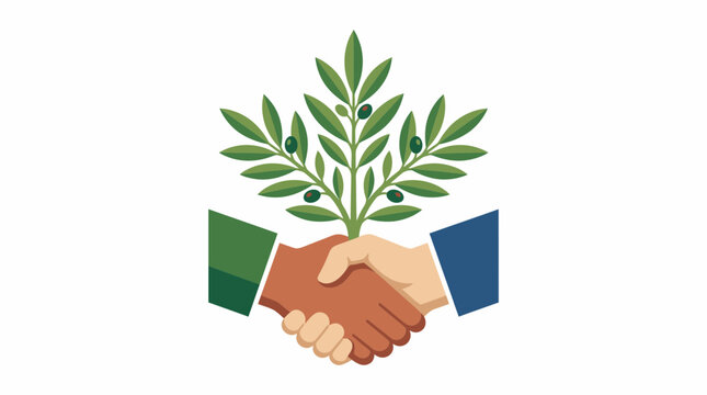 Two hands shaking with an olive branch growing from the handshake, symbolizing peace and partnership.