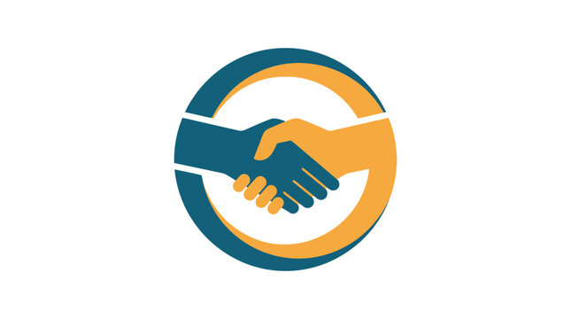 Two hands shaking within a circular emblem, symbolizing agreement, partnership, and cooperation in business.