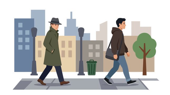 Two men walk on a sidewalk in a city with buildings, streetlights, a trash can, and a tree.
