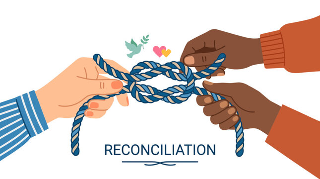 Two hands, one light-skinned and one dark-skinned, tie a knot with a blue rope, symbolizing reconciliation.