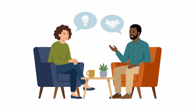 Two people are sitting in armchairs, engaged in a conversation with icons representing an idea and a handshake above them.