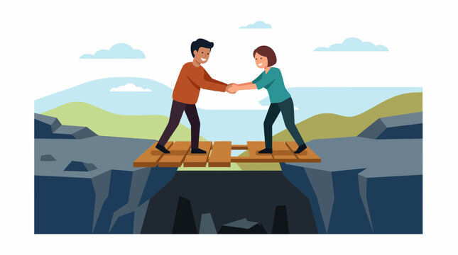 Two people shake hands while crossing a narrow wooden bridge over a deep chasm, symbolizing connection and overcoming challenges.