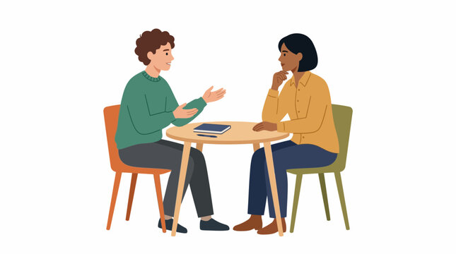 Two people sit at a table, engaged in conversation, with one gesturing and the other listening thoughtfully.