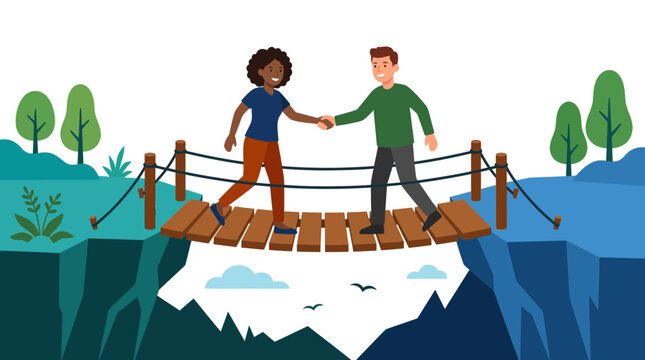 Two people, a man and a woman, shake hands while crossing a narrow wooden bridge over a deep gorge.