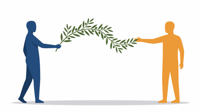 Two stylized figures exchange an olive branch, symbolizing peace and diplomacy between them.
