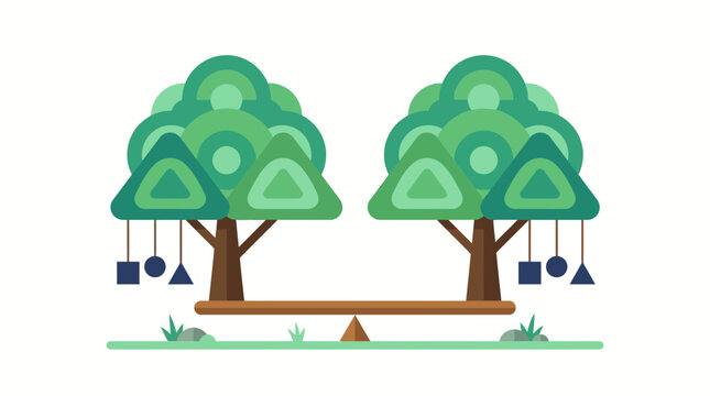Two stylized trees with geometric shapes hanging from branches are balanced on a seesaw.
