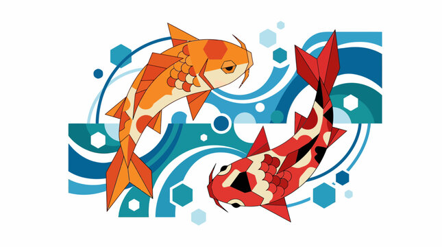 Two stylized koi fish are depicted swimming amidst abstract blue waves and geometric shapes.