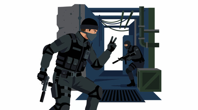 Two tactical operatives in dark gear, one holding a pistol and the other a rifle, move through an industrial-like environment.