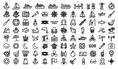 Marine Navigation Outline Icon Collection Vector with Sailing Harbor Ocean Safety and Maritime Transportation Symbols © SreeShuvo