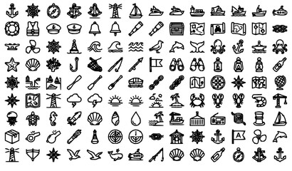 Nautical Outline Icon Set Vector with Maritime Navigation Sailing Ocean Harbor and Marine Symbols Black and White Collection © SreeShuvo
