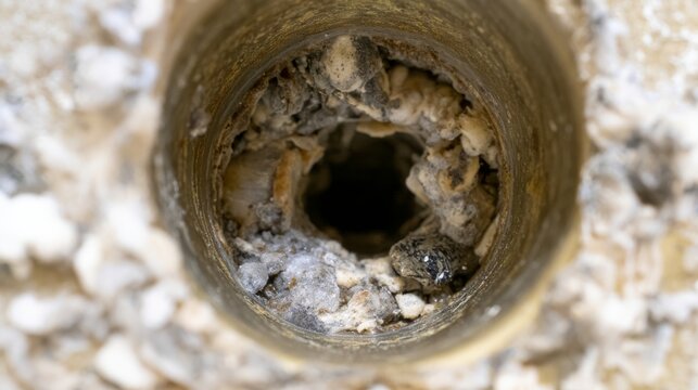 Close view of a clogged pipe revealing dirt and debris buildup inside a drainage system