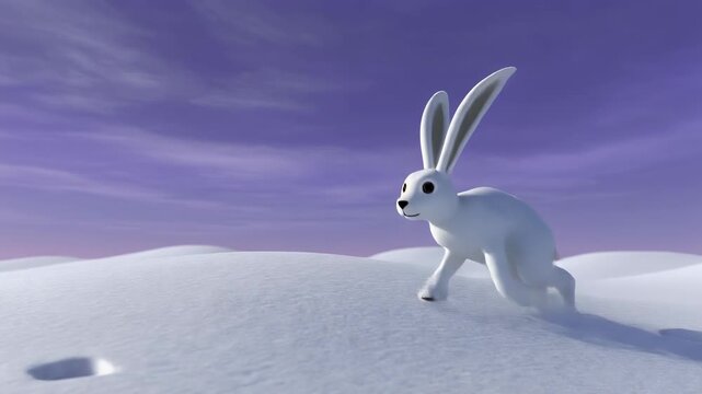 Cute white rabbit hopping through snowy dunes under purple sky