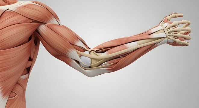 Human arm muscular system anatomy. Biological research and medical education. A detailed 3D model of an extended arm showing complex muscle structures