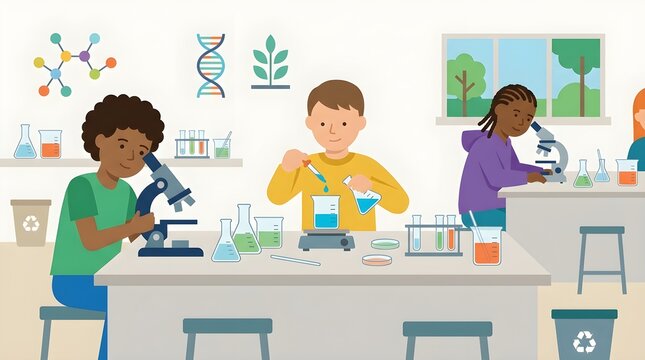Flat vector illustration of children learning science through microscope observation and chemistry experiments in a bright laboratory classroom. Suitable for STEM education, biology, chemistry, and sc