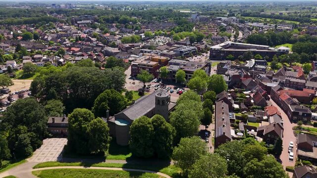 Aerial view of Gennep a small town with church