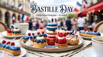 Gourmet french pastries and macarons set for bastille day celebration