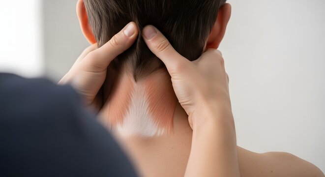 Physical therapy and neck muscle pain relief. Massage treatment and physiotherapy. A therapist hands performing a neck massage on a person with highlighted muscles