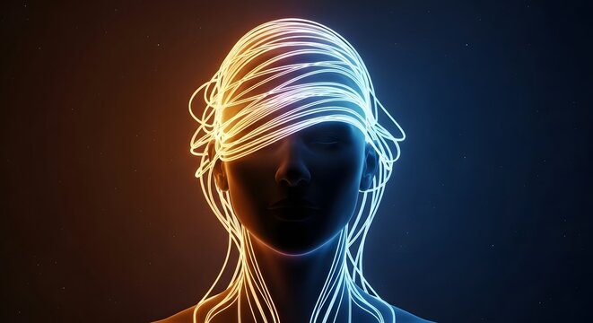 Mental stress and abstract chaotic thoughts. Psychological pressure and mind wellness. Human profile with tangled glowing lines representing tangled thoughts