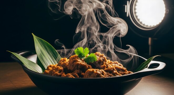 Steaming hot beef rendang served in a bowl on a dark restaurant table