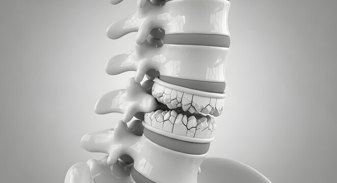 Degenerative disc disease and spinal health. Orthopedic condition and bone structure. A 3D model of vertebrae showing damaged and deteriorating discs