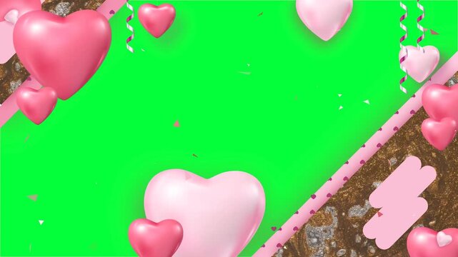 Elegant Wedding Invitation Slideshow Frame with Floating Pink Hearts and Gold Glitter Marble Accents on Green Screen
