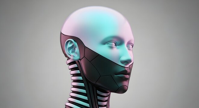 Glossy robotic female head with cybernetic neck. Advanced artificial intelligence and human machine integration. Metallic humanlike mannequin head isolated on gray background