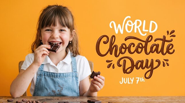 Young girl with brown hair wearing a denim apron eating a piece of dark chocolate against a bright orange background with chocolate day july 7th text