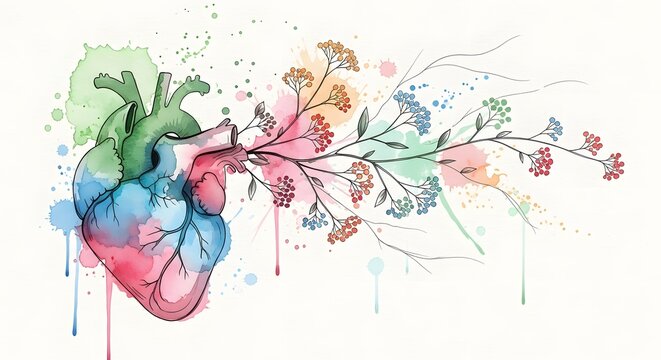 Anatomical human heart with floral growth. Biology and nature connection concept. Heart organ with blooming branches and colorful paint splashes on white background