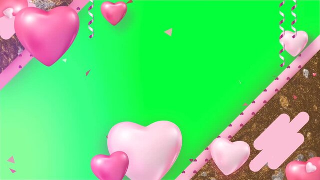 Luxury Wedding Frame Overlay with Animating Pink Balloons and Shimmering Gold Marble Border on Chroma Key Green Screen
