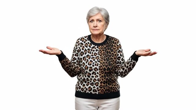 An elderly woman with gray hair wearing a leopard print sweater shrugging