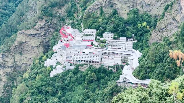 A breathtaking aerial view of the Vaishno Devi Temple complex nestled on the Trikuta Hills, showcasing one of India's most revered Hindu pilgrimage destinations.