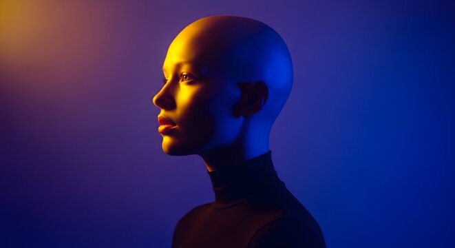 Modern diversity and human portrait artistic lighting. Creative thinking and futuristic beauty concept. Profile view of a bald woman with glowing yellow and blue neon studio lighting contrast